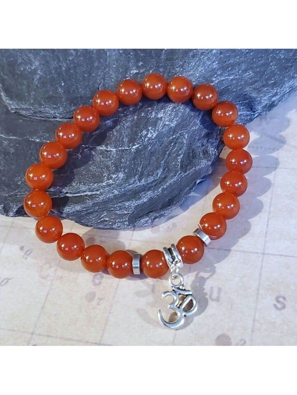Om Aum Zen Mantra Mindfulness Red Carnelian Gemstone Stretch Bracelet